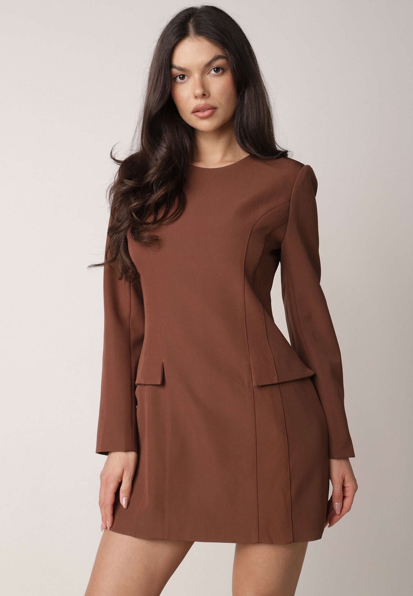 vices Rochie Elegantă Maro cu Croială Trapezoidală cu Imitație de Buzunare Amaliete