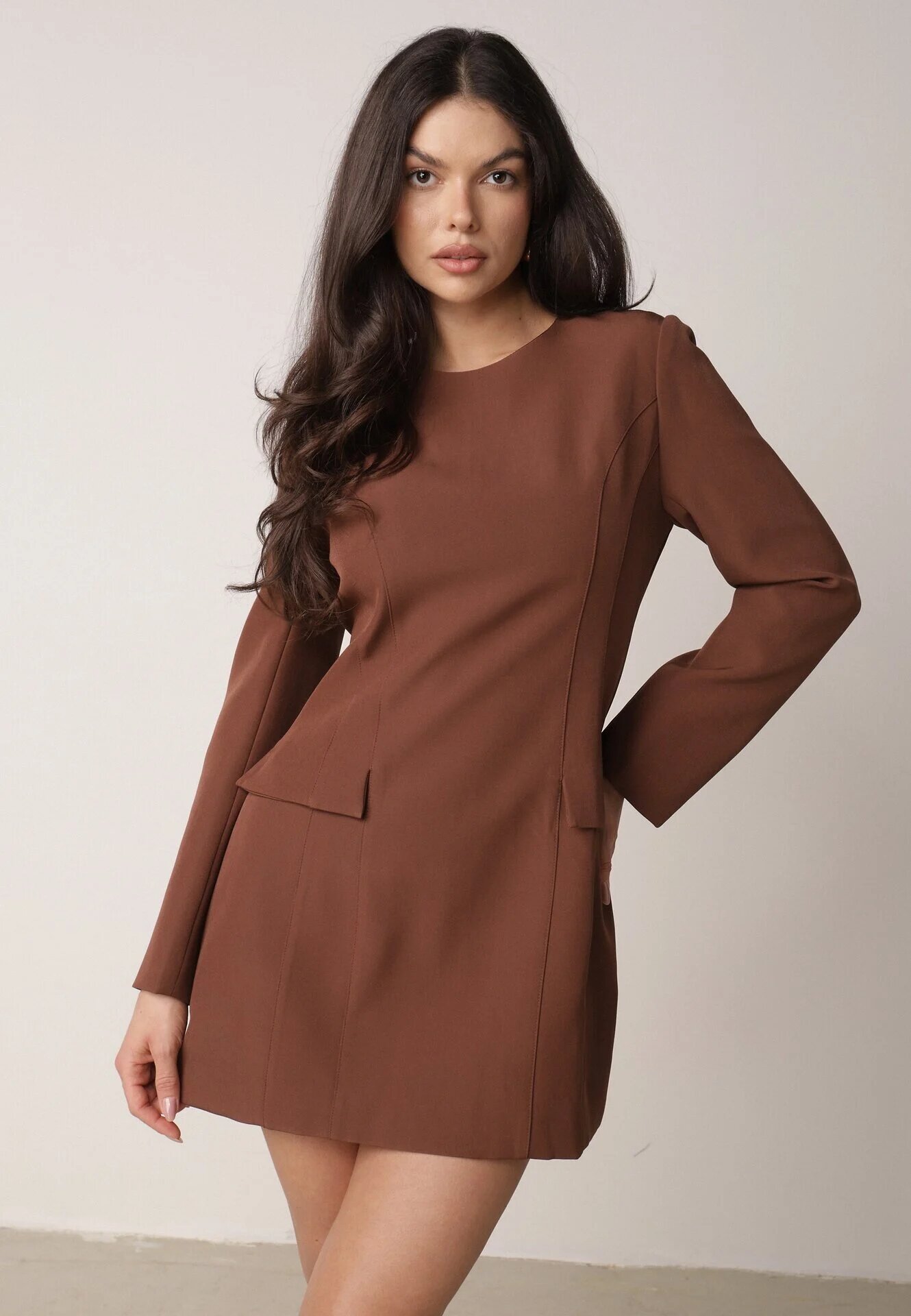 vices Rochie Elegantă Maro cu Croială Trapezoidală cu Imitație de Buzunare Amaliete