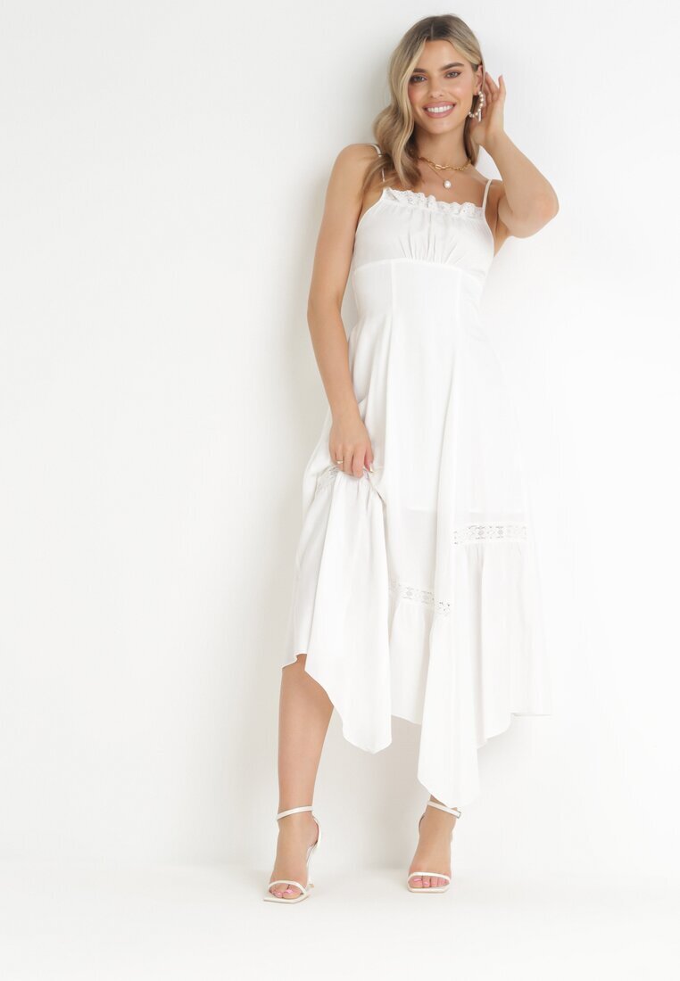 vices Rochie Maxi Albă Evazată cu Aplicații de Dantelă și Șnur Elenime