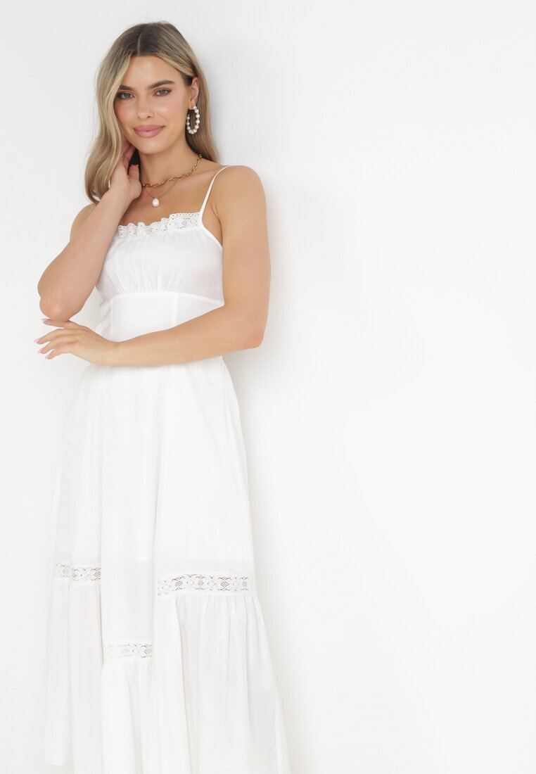vices Rochie Maxi Albă Evazată cu Aplicații de Dantelă și Șnur Elenime