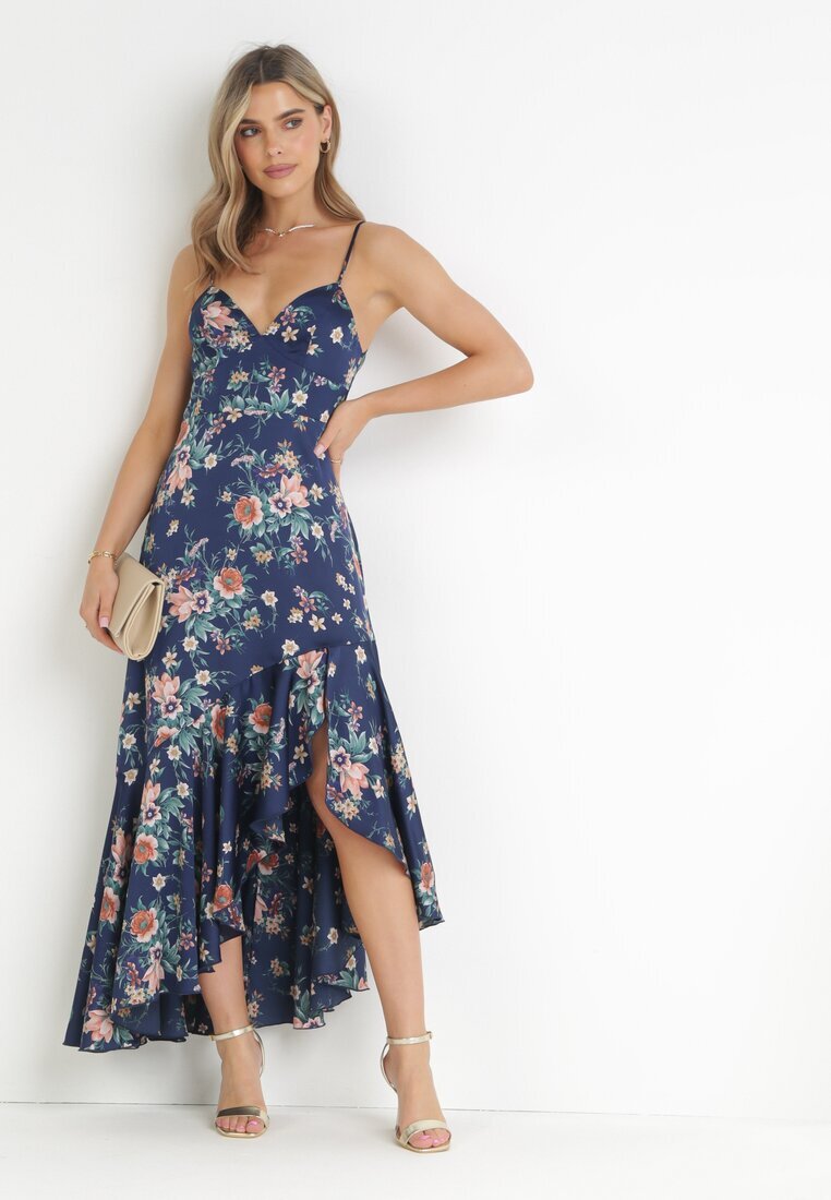 vices Rochie maxi bleumarin cu bretele subțiri cu tiv asimetric Nylas