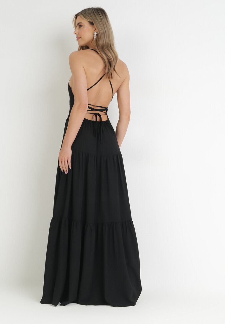vices Rochie Maxi Neagră pe bretele subțiri cu legătură la spate decorată cu volane Beatrics