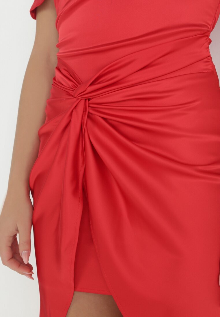 vices Rochie Roșie Asimetrică din Satin Decorată cu Nod Fano