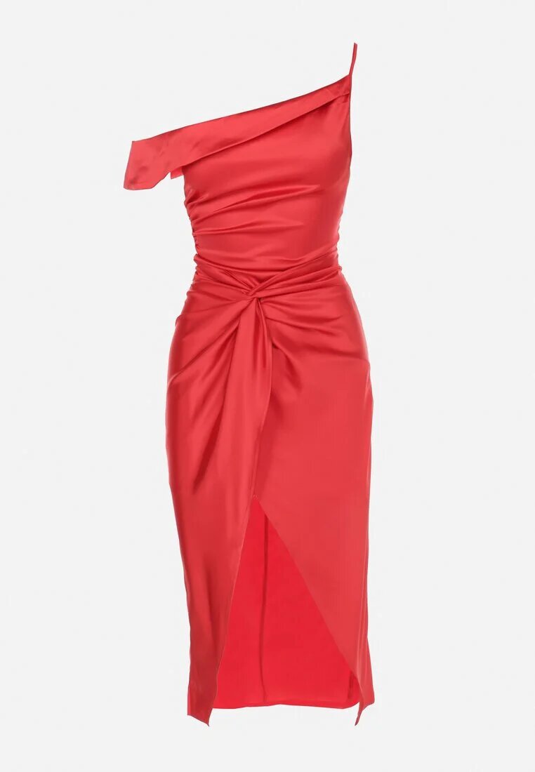 vices Rochie Roșie Asimetrică din Satin Decorată cu Nod Fano