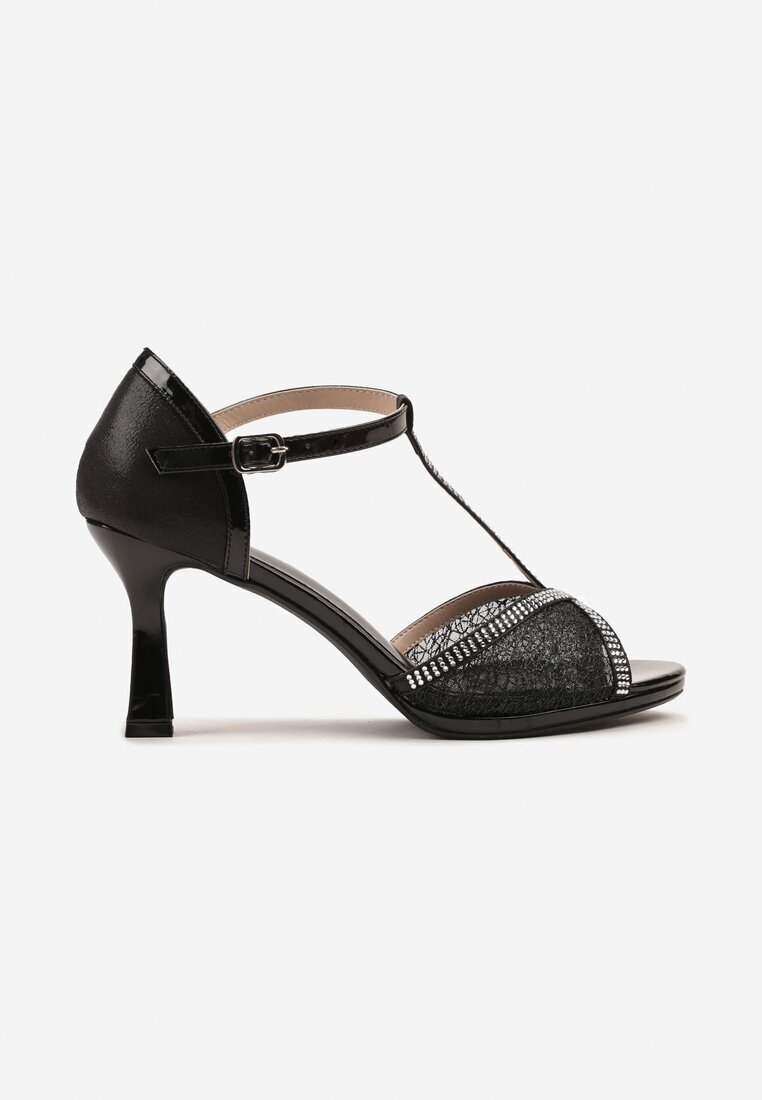 vices Sandale negre cu toc clepsidră decorate cu Zirconii Folmilia