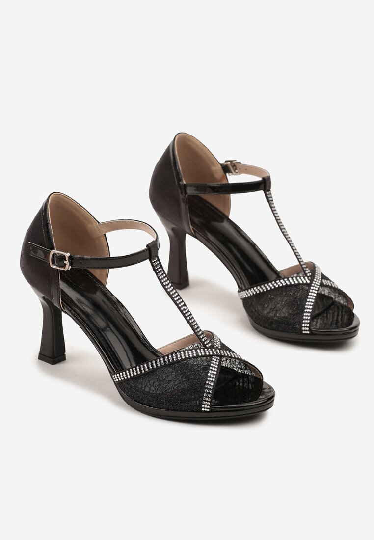 vices Sandale negre cu toc clepsidră decorate cu Zirconii Folmilia