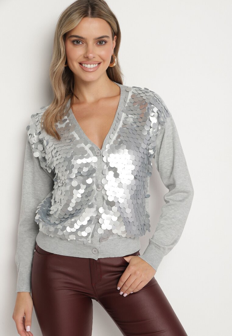 wei wei Cardigan Gri Descheiabil din Viscoză Decorat cu Paiete Evandriae