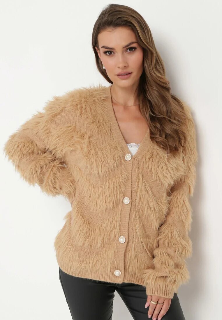 wei wei Cardigan Pufos Bej închis Cu nasturi Tyweza