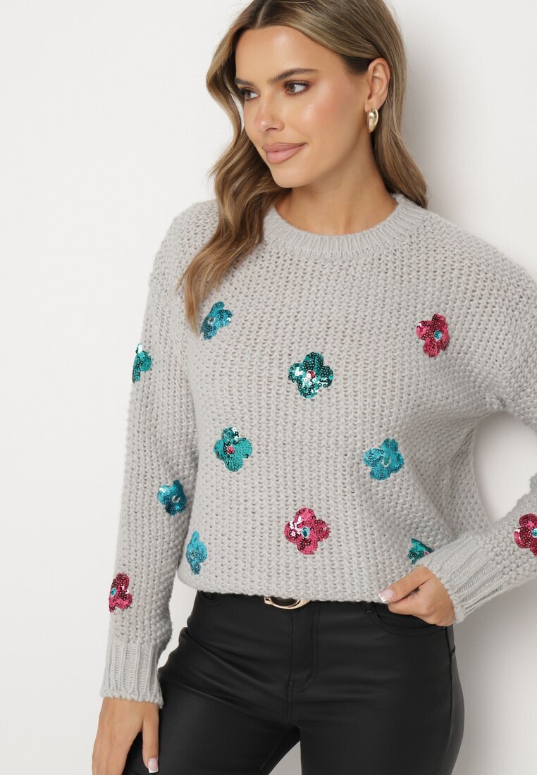 wei wei Pulover gri deschis din tricot în relief cu viscoză decorat cu flori din paiete Edamara