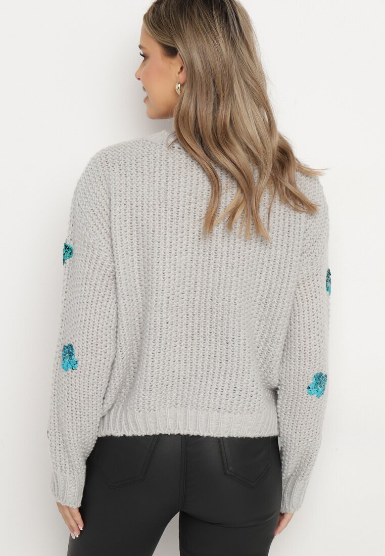 wei wei Pulover gri deschis din tricot în relief cu viscoză decorat cu flori din paiete Edamara