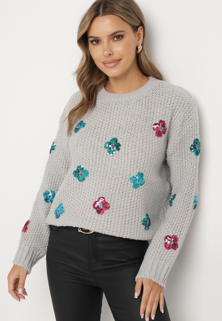 wei wei Pulover gri deschis din tricot în relief cu viscoză decorat cu flori din paiete Edamara