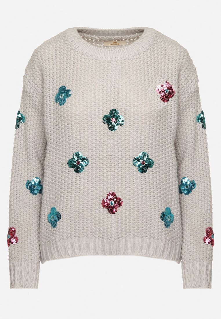 wei wei Pulover gri deschis din tricot în relief cu viscoză decorat cu flori din paiete Edamara