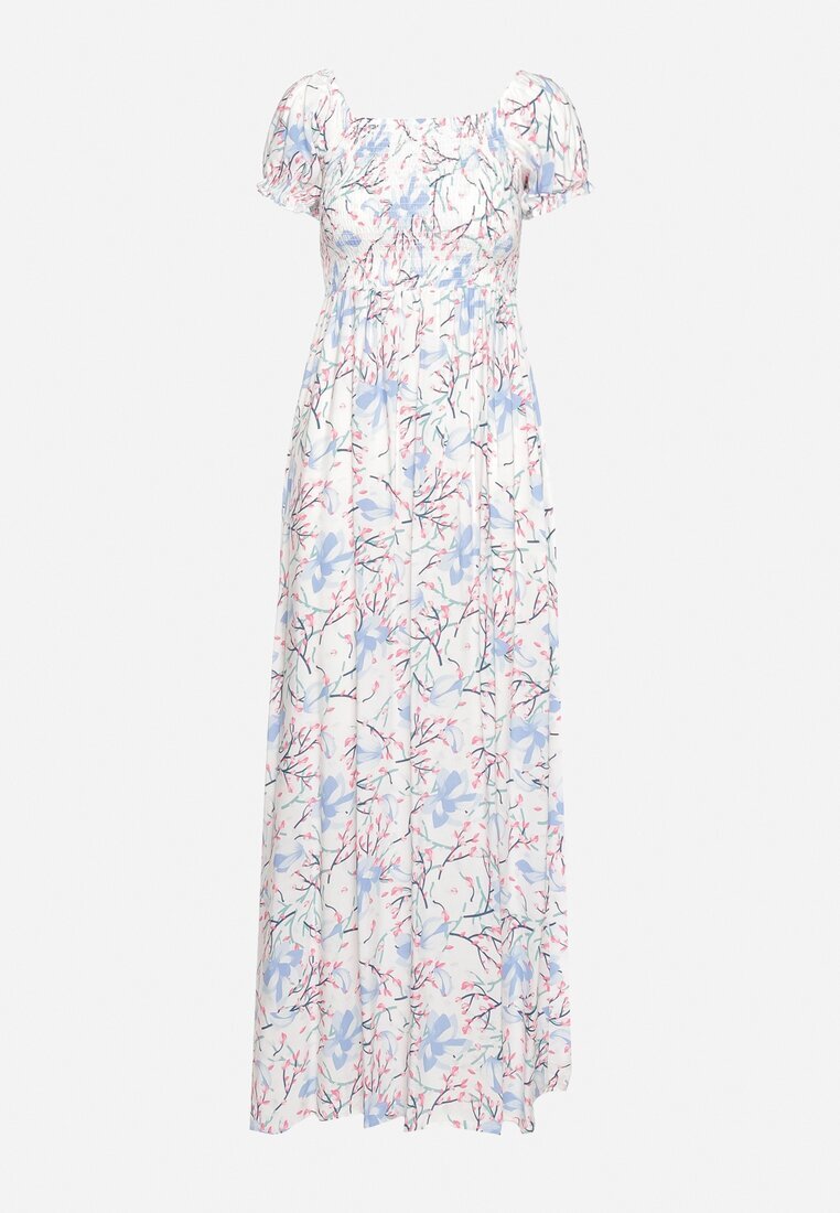 wei wei Rochie Alb-Albastră Evazată Florală cu decolteu încrețit Disteria