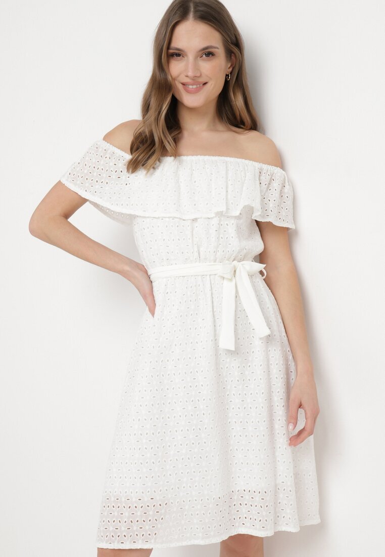 wei wei Rochie Albă Spaniolă cu Broderie Decorativă și Curea în Talie Perenna