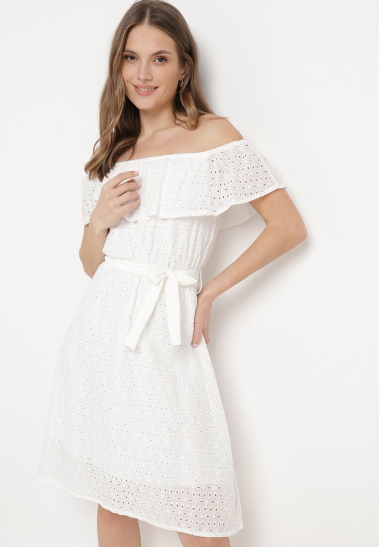 wei wei Rochie Albă Spaniolă cu Broderie Decorativă și Curea în Talie Perenna