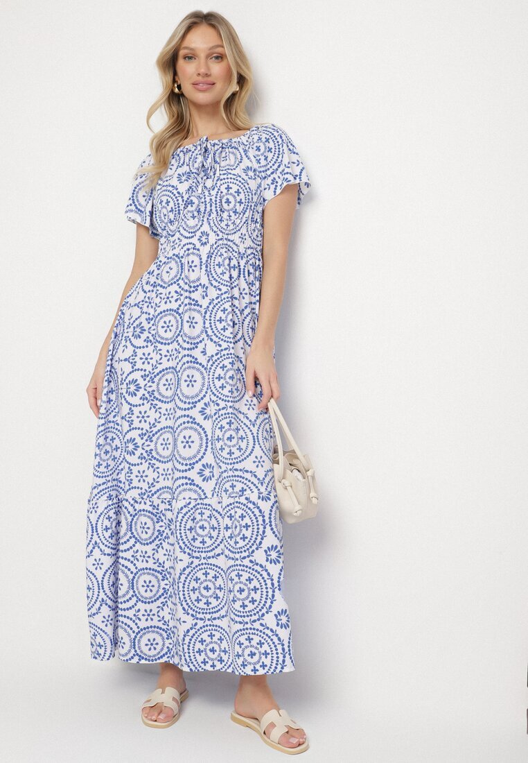 wei wei Rochie Albastră-Albă Evazată cu Bumbac și cu Model Abstract Ldivoria