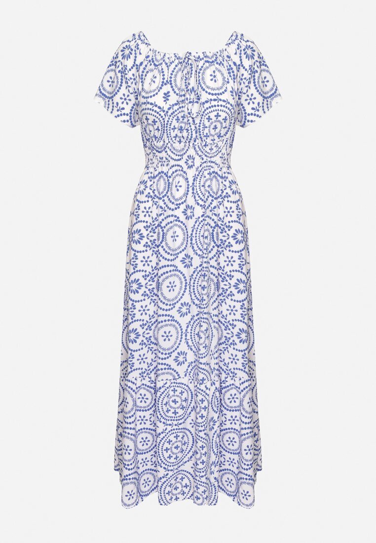 wei wei Rochie Albastră-Albă Evazată cu Bumbac și cu Model Abstract Ldivoria
