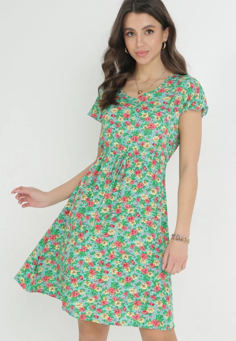 wei wei Rochie Evazată Mini Verde Mentă din Viscoză cu Imprimeu Floral cu Șnur Marani
