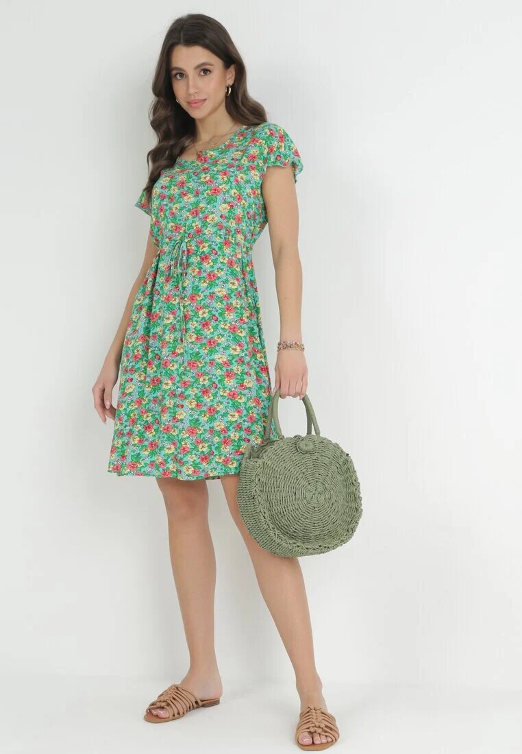 wei wei Rochie Evazată Mini Verde Mentă din Viscoză cu Imprimeu Floral cu Șnur Marani