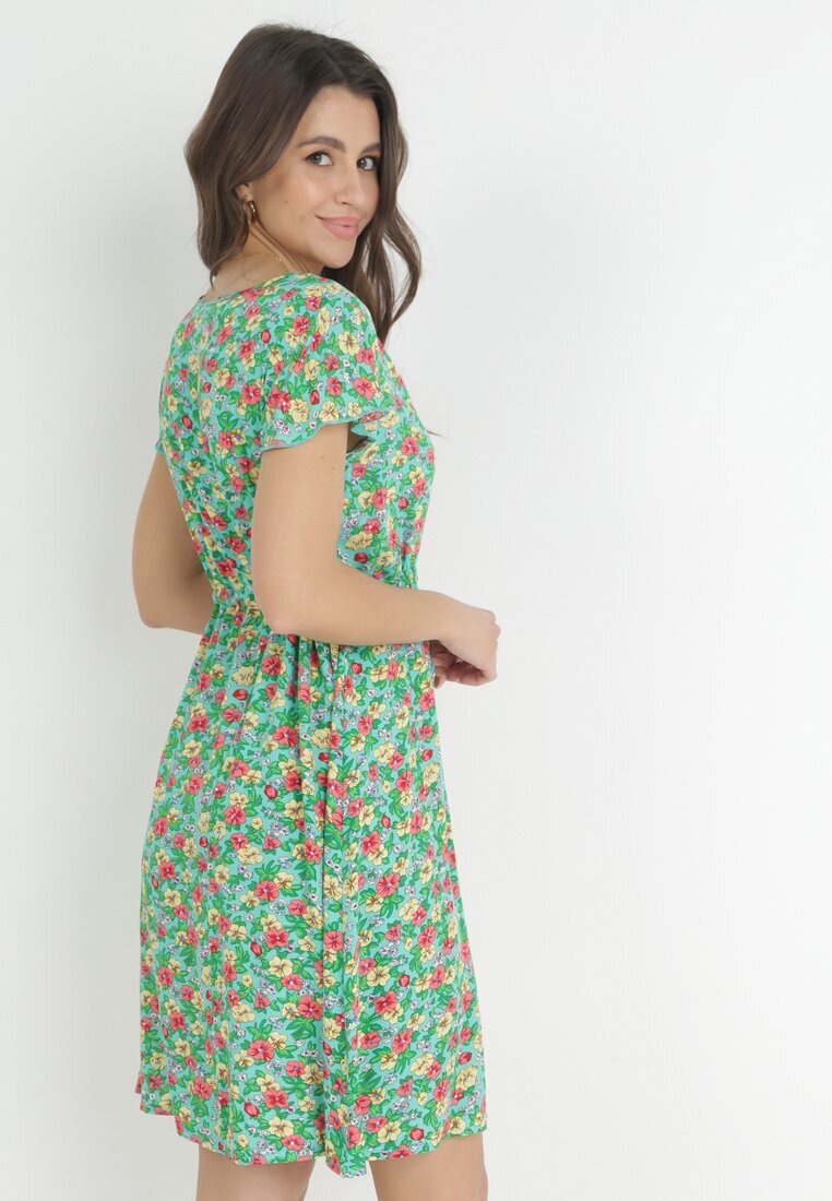 wei wei Rochie Evazată Mini Verde Mentă din Viscoză cu Imprimeu Floral cu Șnur Marani
