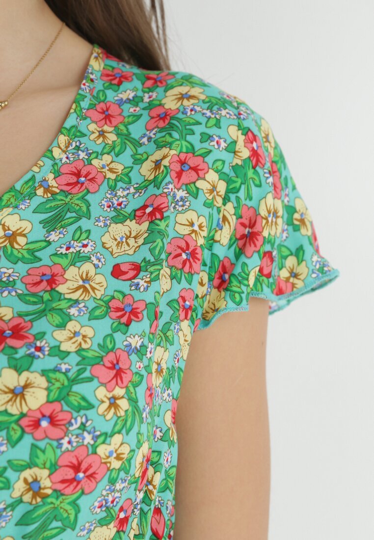 wei wei Rochie Evazată Mini Verde Mentă din Viscoză cu Imprimeu Floral cu Șnur Marani