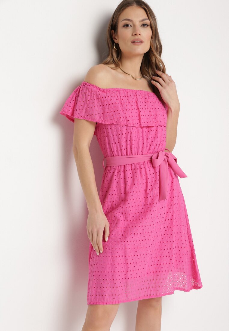wei wei Rochie fuchsia spaniolă cu broderie decorativă și curea în talie Perenna