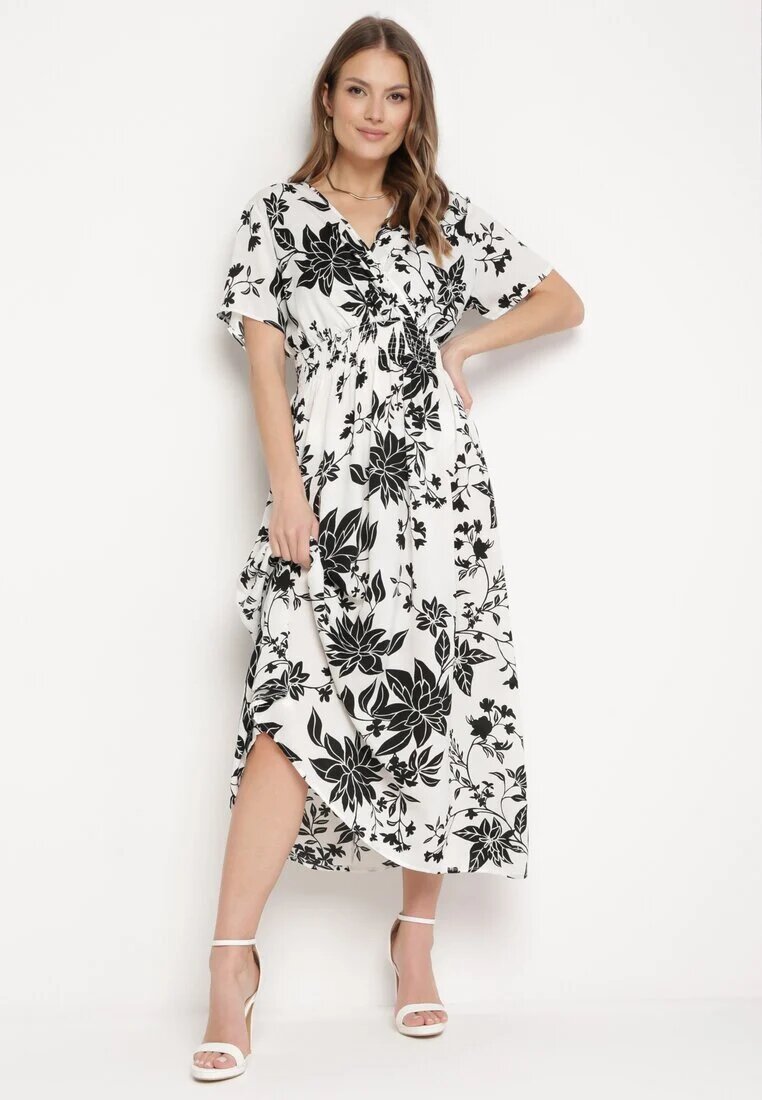 wei wei Rochie Lungă Alb-Negru cu Top Petrecut cu Imprimeu Floral Solmare