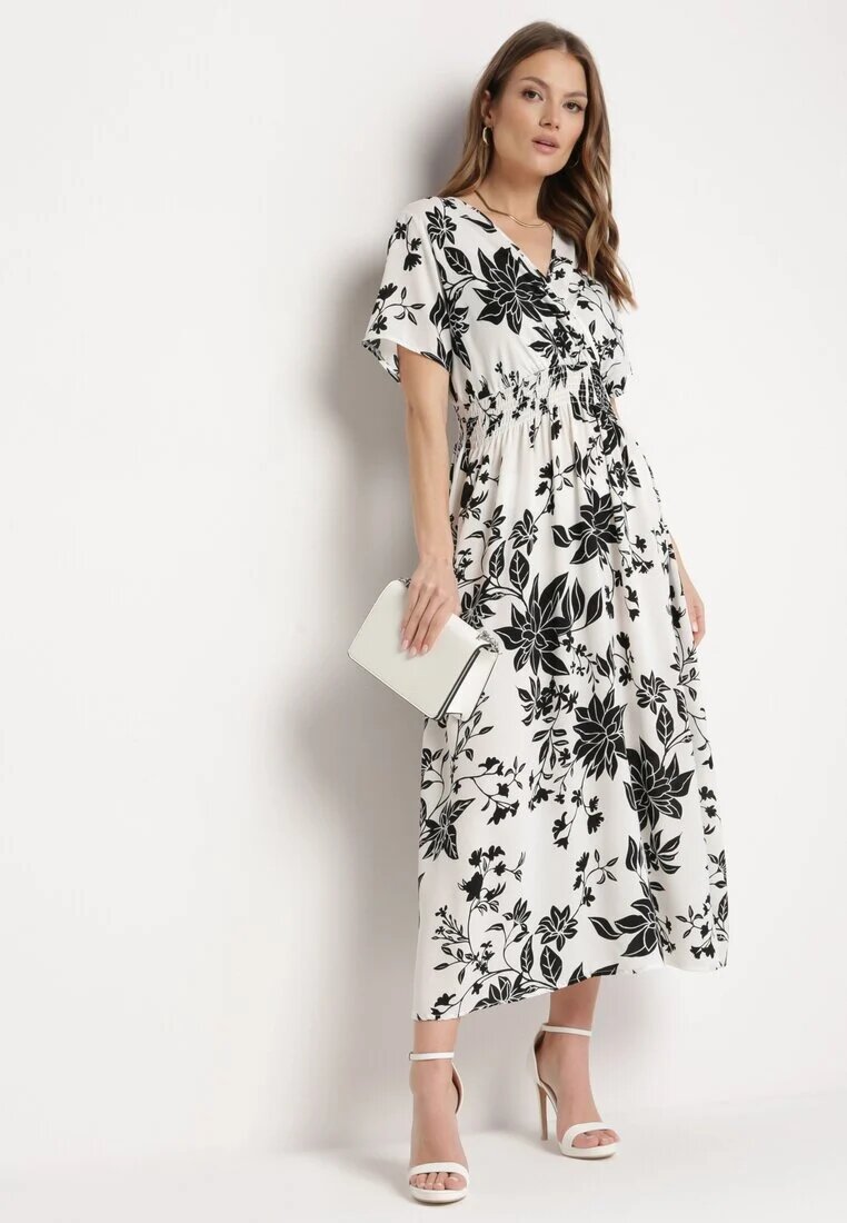 wei wei Rochie Lungă Alb-Negru cu Top Petrecut cu Imprimeu Floral Solmare
