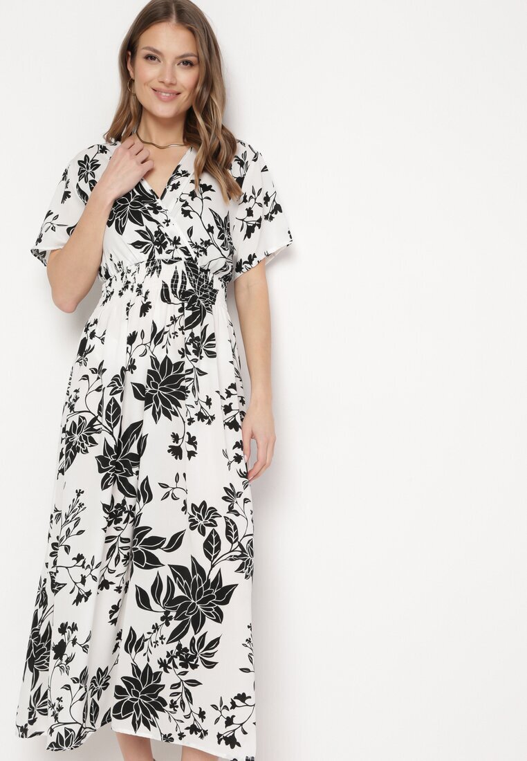 wei wei Rochie Lungă Alb-Negru cu Top Petrecut cu Imprimeu Floral Solmare