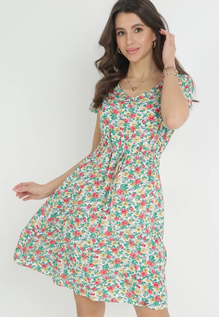 wei wei Rochie Mini Alb-verde Evazată din Viscoză cu Imprimeu Floral cu Șnur Marani