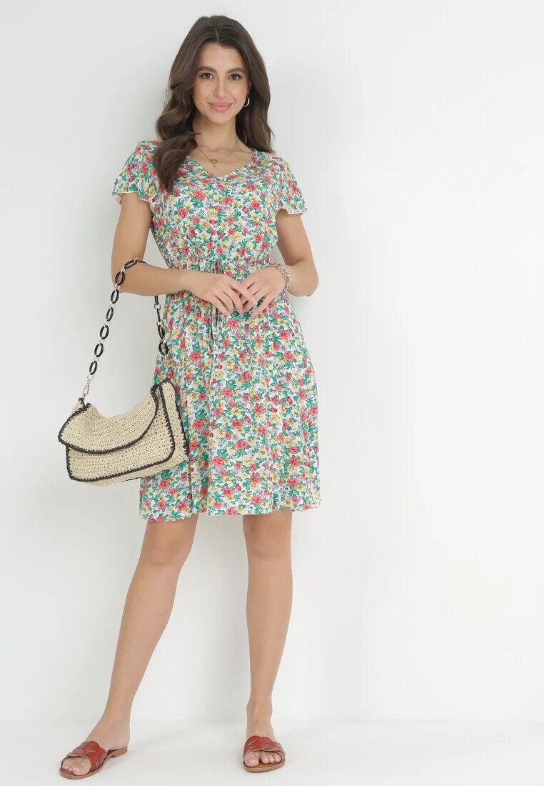 wei wei Rochie Mini Alb-verde Evazată din Viscoză cu Imprimeu Floral cu Șnur Marani
