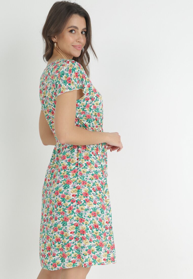 wei wei Rochie Mini Alb-verde Evazată din Viscoză cu Imprimeu Floral cu Șnur Marani