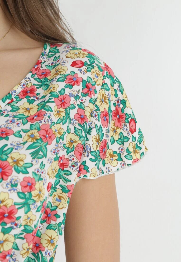 wei wei Rochie Mini Alb-verde Evazată din Viscoză cu Imprimeu Floral cu Șnur Marani