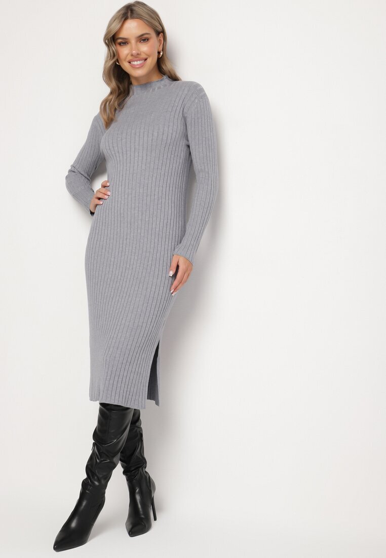 wei wei Rochie Rebrată Gri din Tricot cu Viscoză cu Șlițuri la Poale Ninnavia