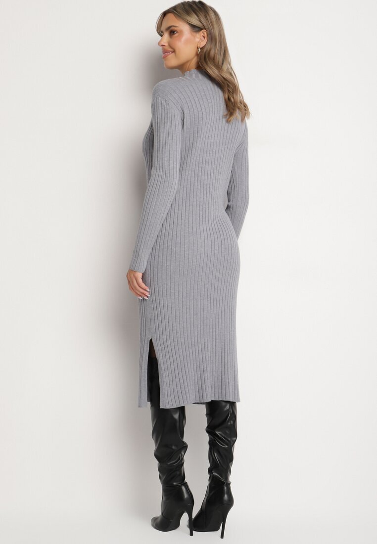 wei wei Rochie Rebrată Gri din Tricot cu Viscoză cu Șlițuri la Poale Ninnavia