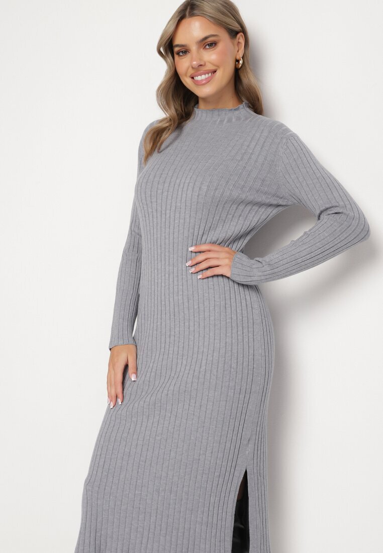 wei wei Rochie Rebrată Gri din Tricot cu Viscoză cu Șlițuri la Poale Ninnavia