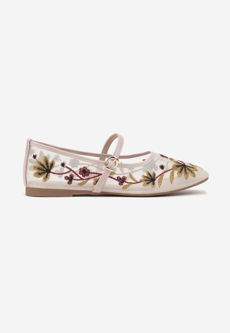 weide Balerini din plasă bej cu baretă cu cataramă și broderie florală Nitarelia