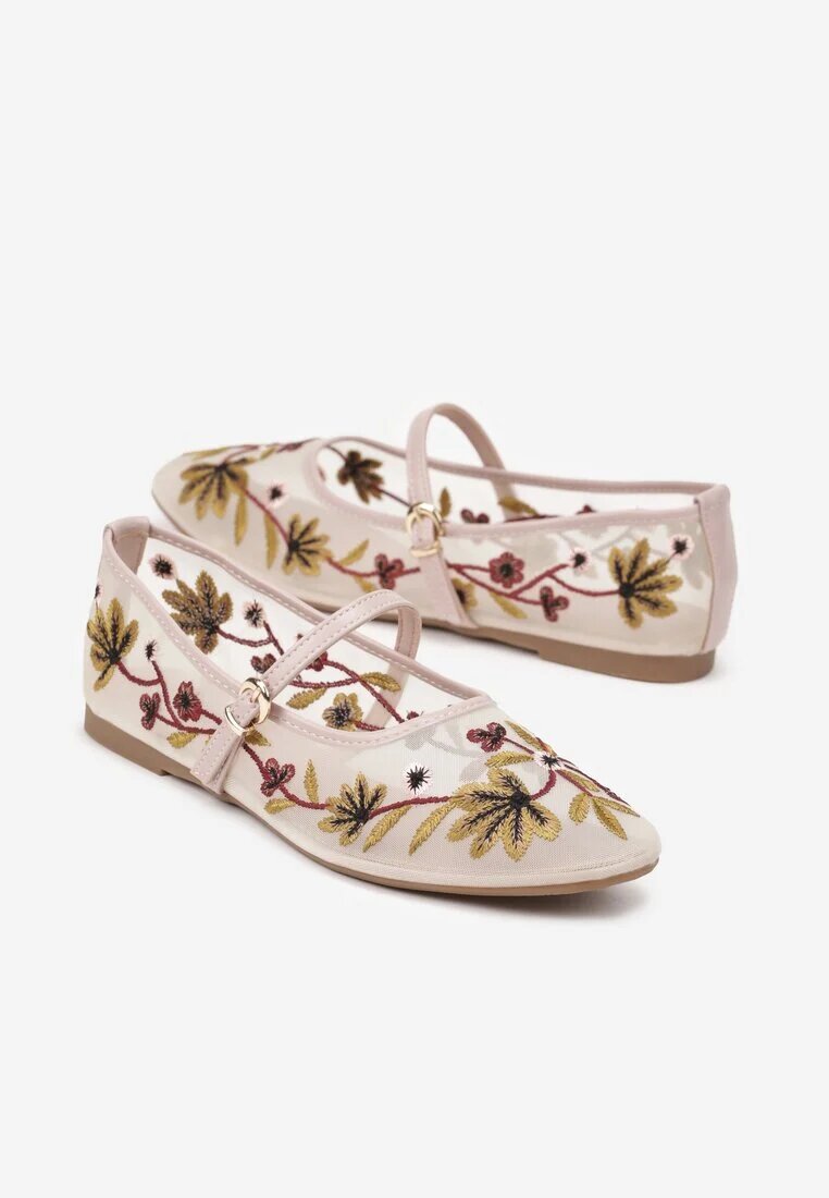 weide Balerini din plasă bej cu baretă cu cataramă și broderie florală Nitarelia