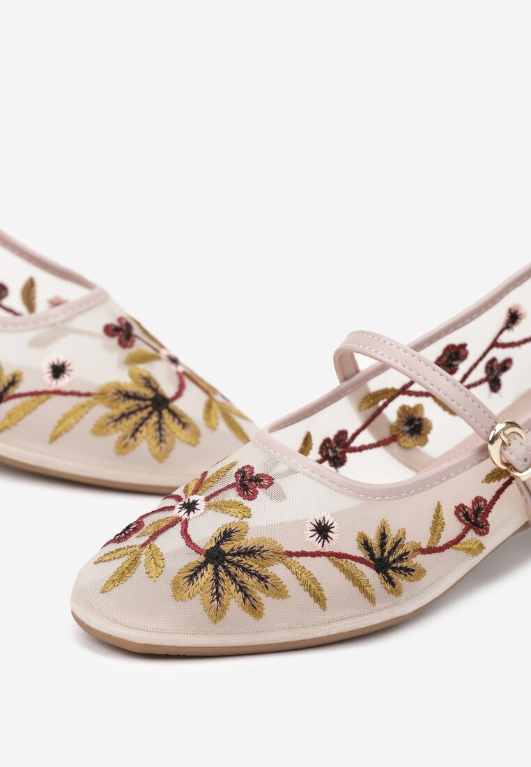 weide Balerini din plasă bej cu baretă cu cataramă și broderie florală Nitarelia