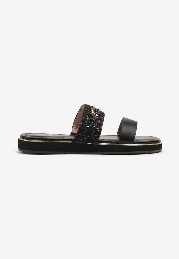 weide Papuci Negre cu Baretă Decorativă din Tweed și Cataramă Tirmio
