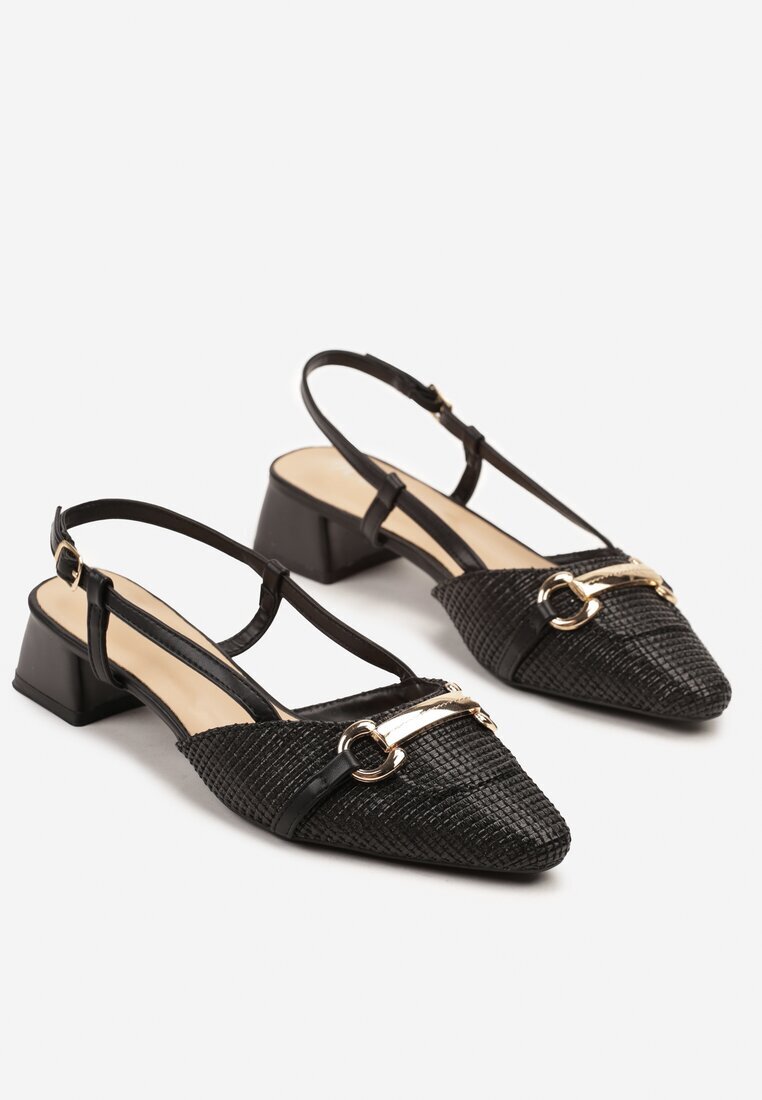 weide Sandale din tweed negre cu toc gros jos cu aplicație metalică Nilene