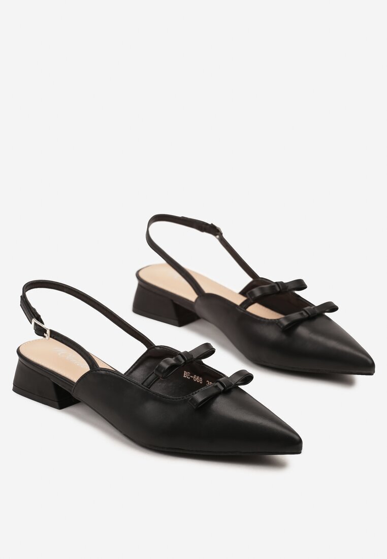 weide Sandale Elegante Negre cu Toc Gros Mic cu Fundițe și Vârf Ascuțit Rensara