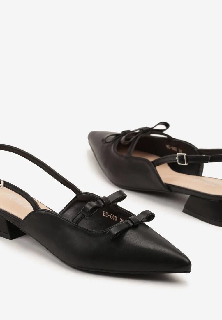 weide Sandale Elegante Negre cu Toc Gros Mic cu Fundițe și Vârf Ascuțit Rensara