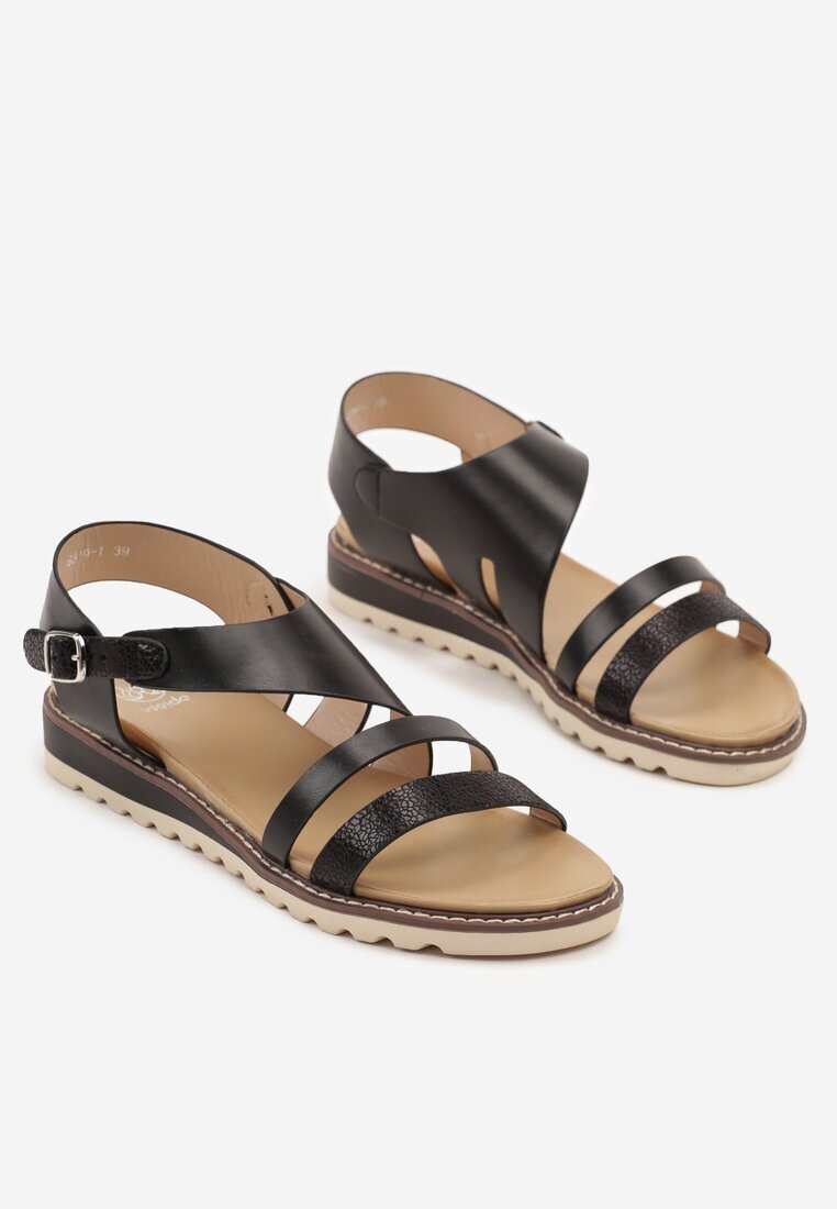 weide Sandale Negre cu Barete Geometrice Redaine