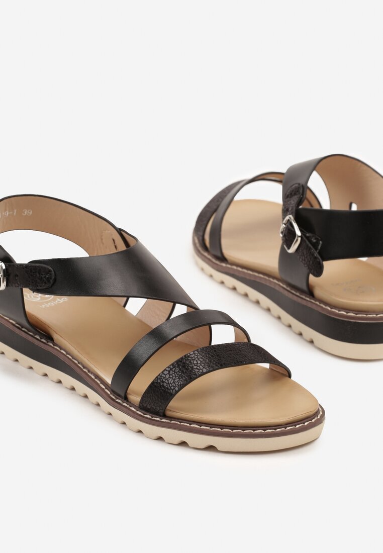 weide Sandale Negre cu Barete Geometrice Redaine