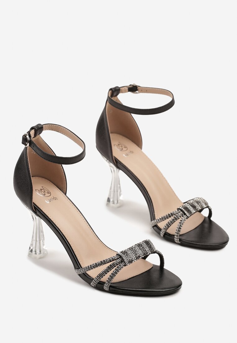 weide Sandale Negre cu toc stiletto transparent cu Circonii Puvesse