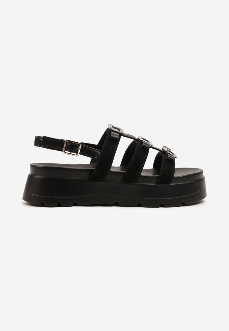 weide Sandale Negre stil Gladiator pe Talpă Groasă cu Aplicații cu Strasuri Sorqa
