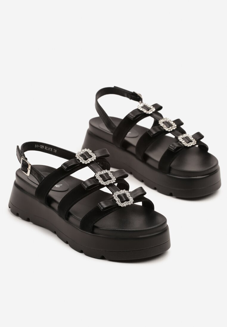 weide Sandale Negre stil Gladiator pe Talpă Groasă cu Aplicații cu Strasuri Sorqa