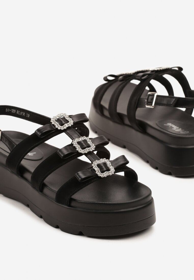weide Sandale Negre stil Gladiator pe Talpă Groasă cu Aplicații cu Strasuri Sorqa