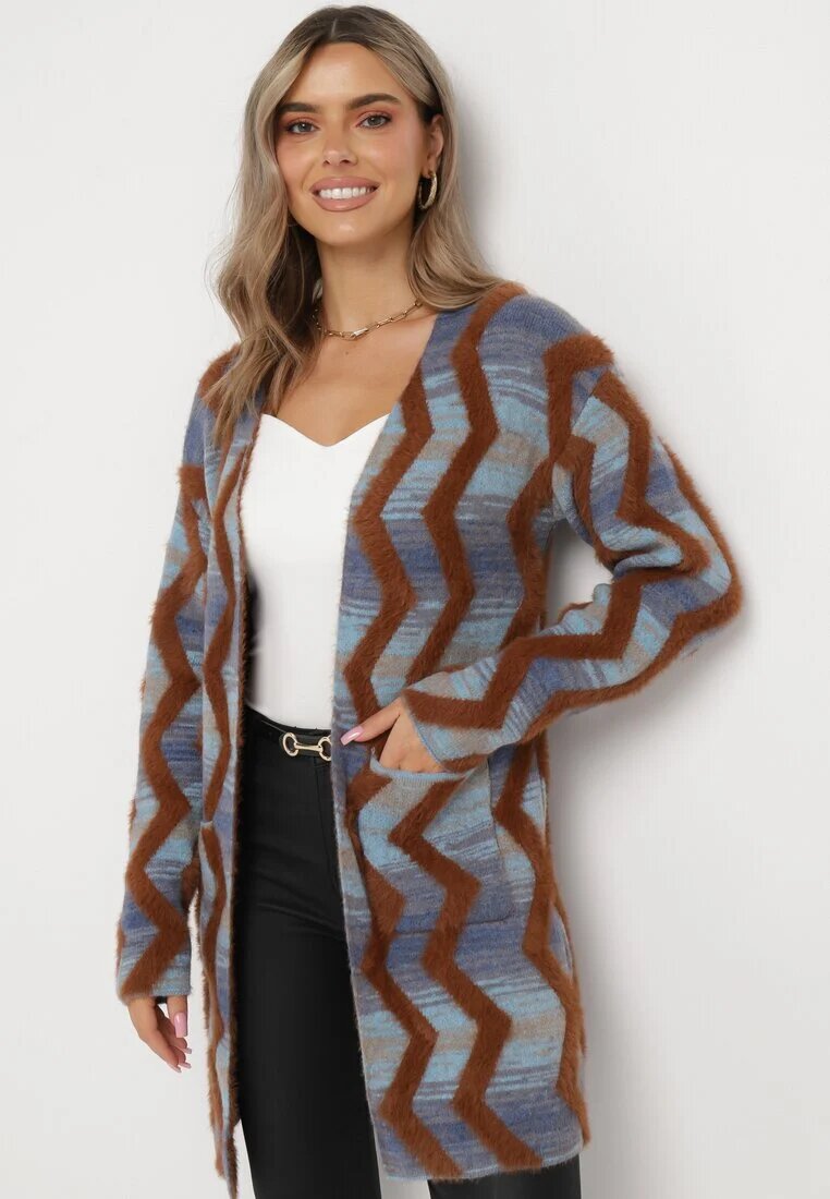 wool fashion Cardigan Albastru-Maro Lax cu Model Geometric Goitom